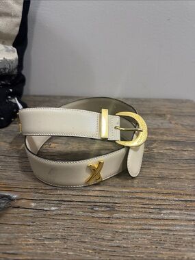 Paloma Picasso Cream Leather Belt with Gold X Accent - L/80(as is)